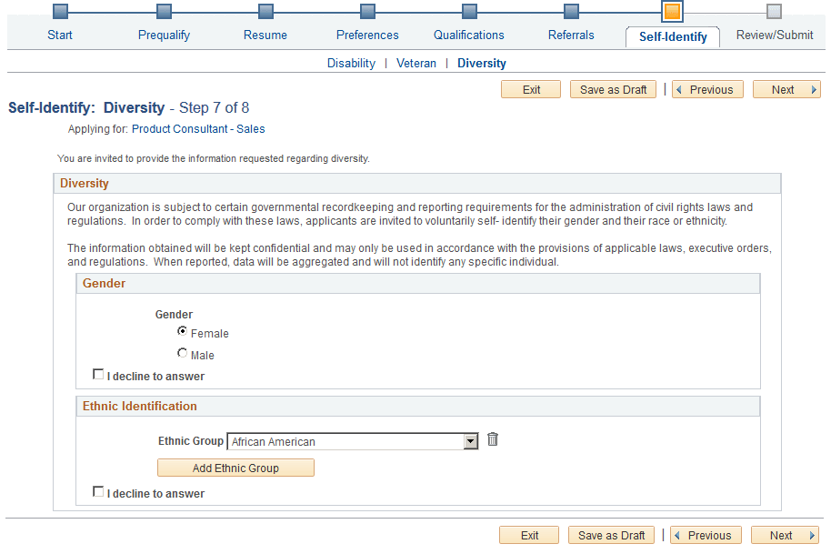 Diversity page with one question for Ethnic Group