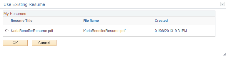 Use Existing Resume page
