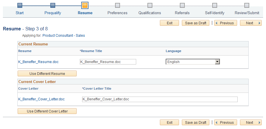 Resume page with files attached