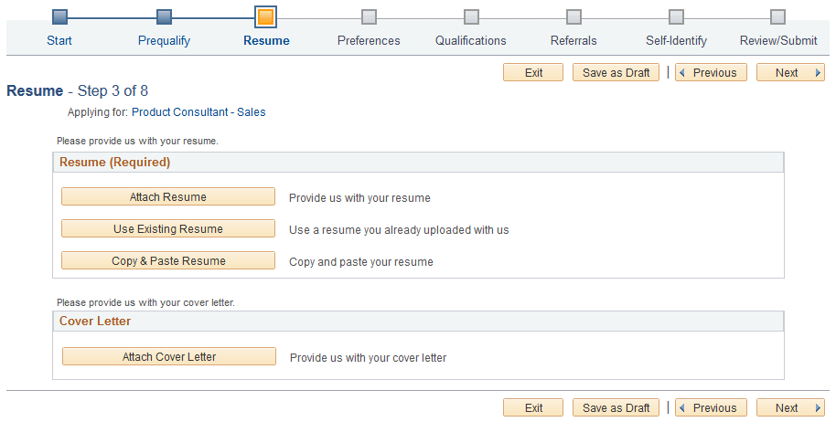 Resume page with no resume or cover letter supplied
