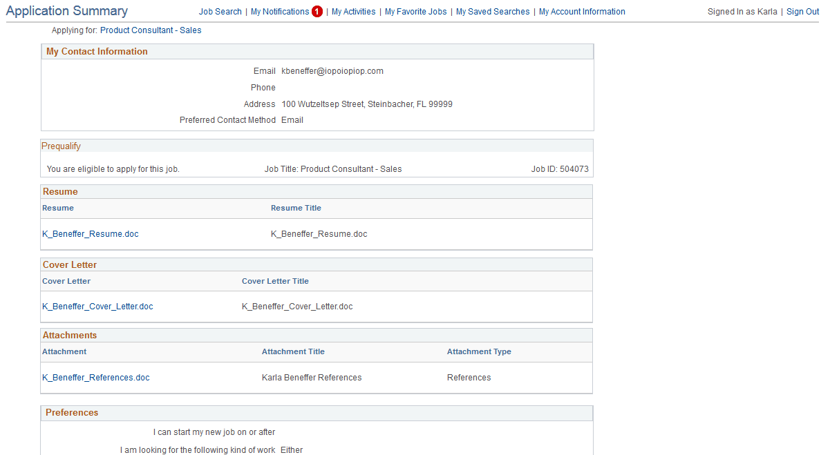Application Summary page (partial)