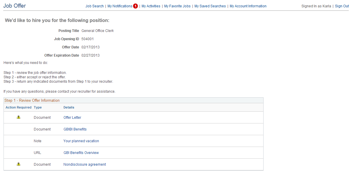 Job Offer page (1 of 2)