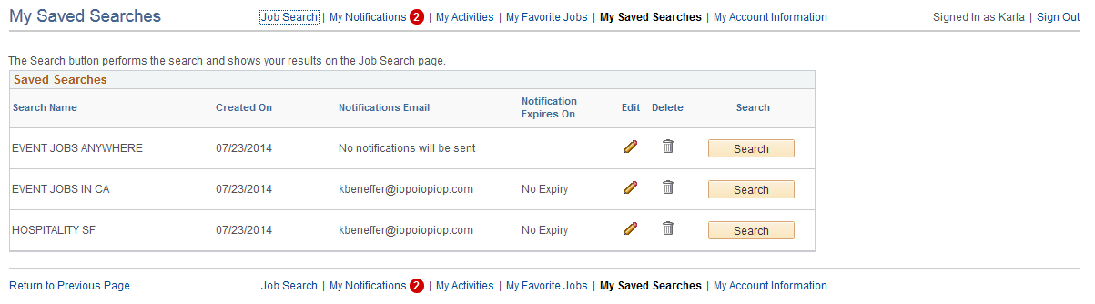 My Saved Searches page