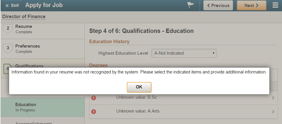 Error handling for resume parsing (fluid)