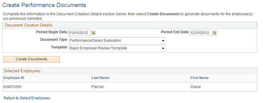 Create Performance Documents - Document Creation Details page