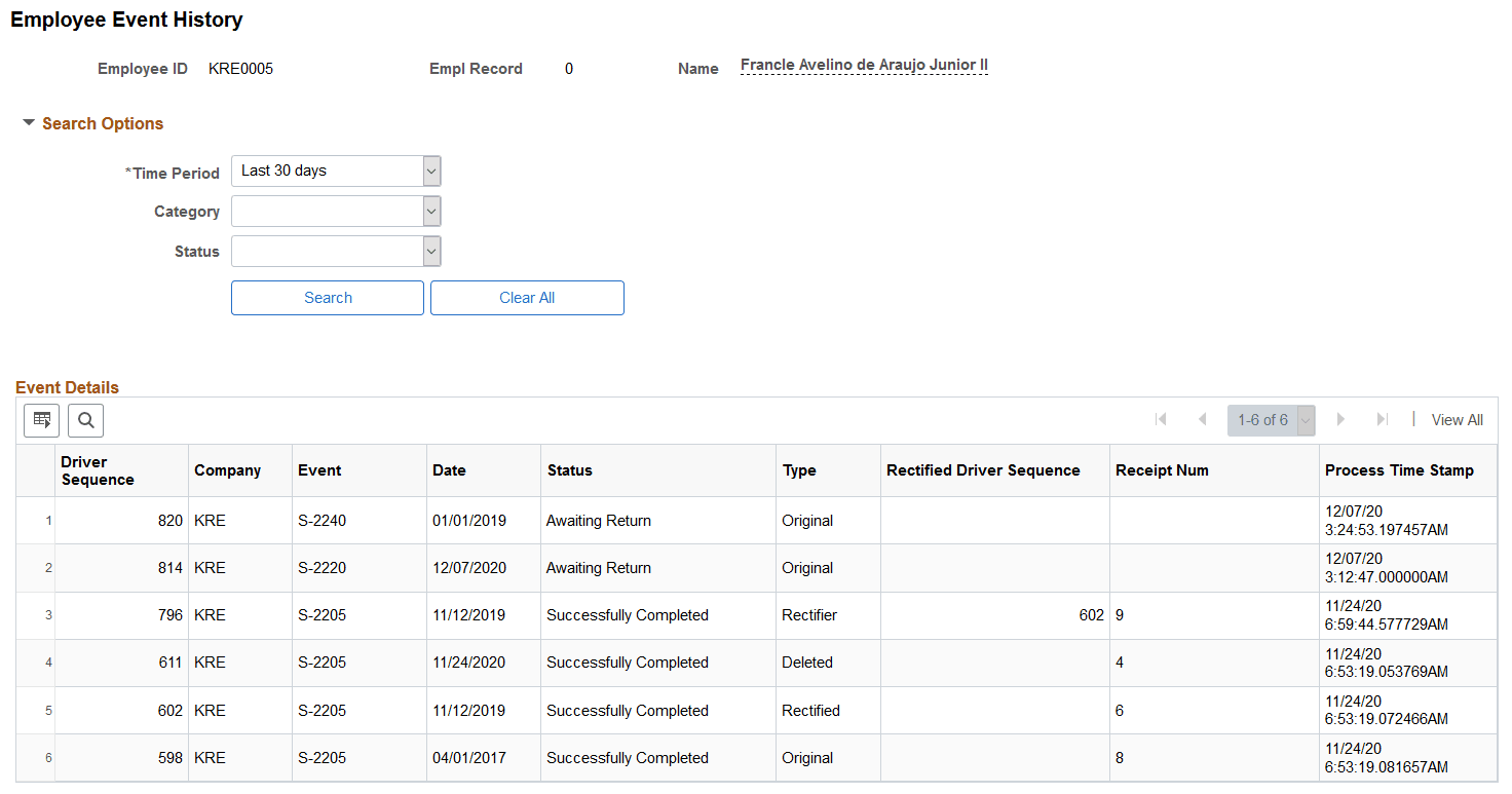 Employee Event History page