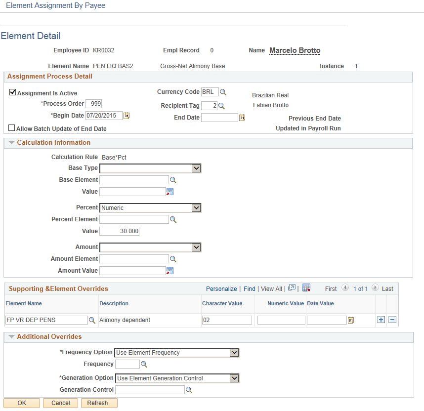 Assign values to the second Alimony element for employee on the Element Assignment By Payee - Element Detail page