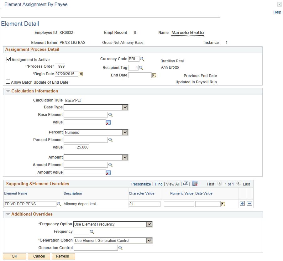 Assign values to the first Alimony element for employee on the Element Assignment By Payee - Element Detail page