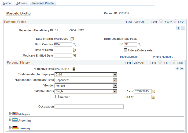 Enter dependent information on the Personal Profile page (1 of 2)