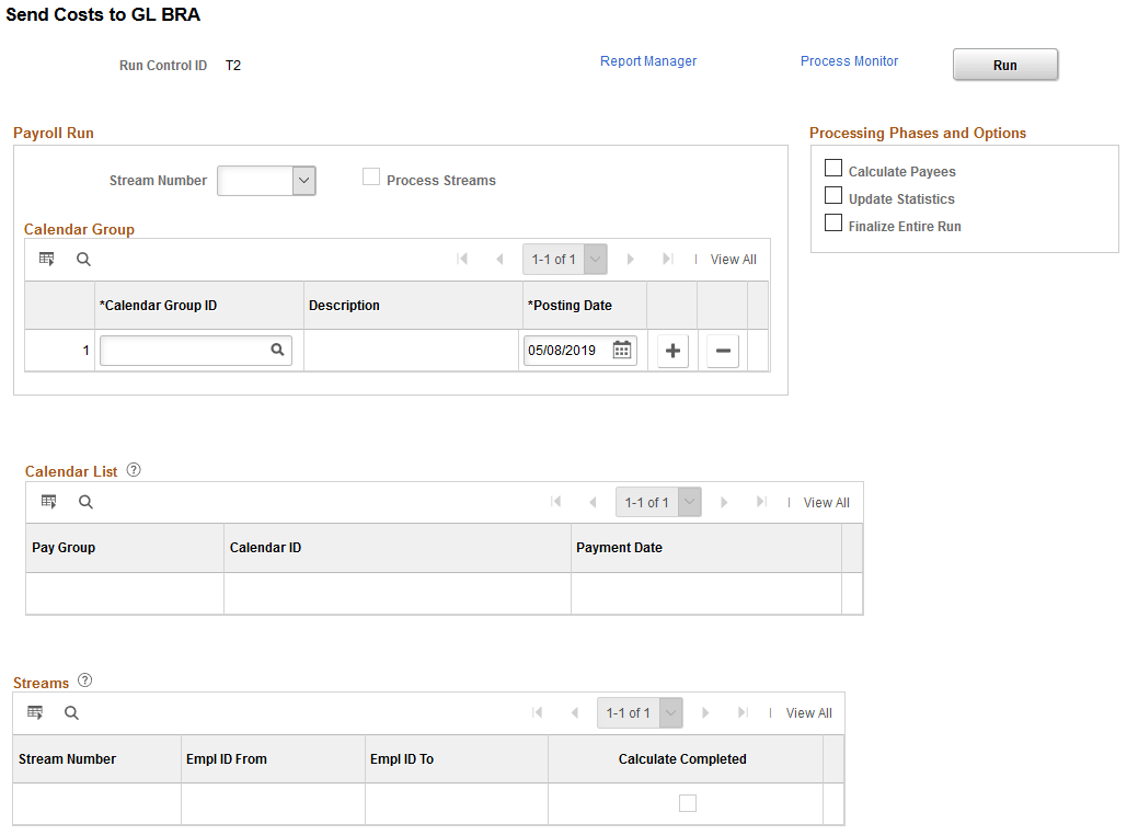 Send Costs to GL BRA page