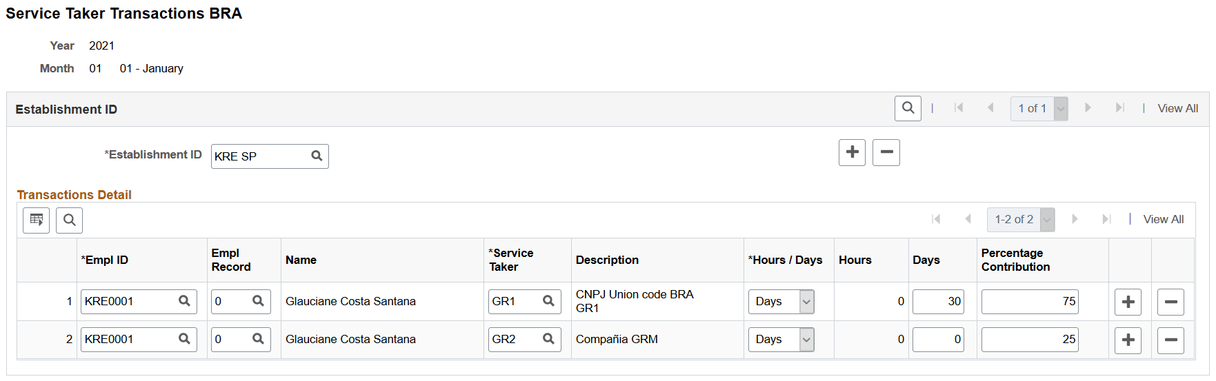 Service Taker Transactions BRA page
