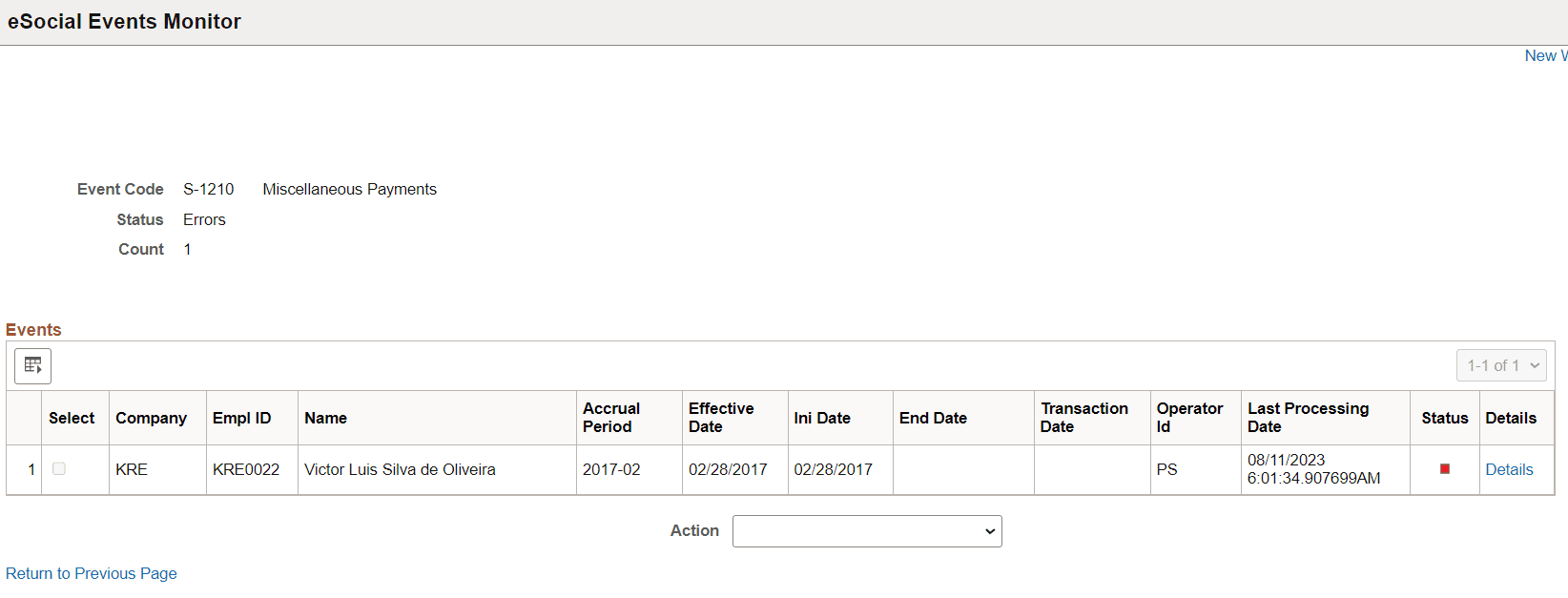 eSocial Events Monitor - Details page (status number link selected)