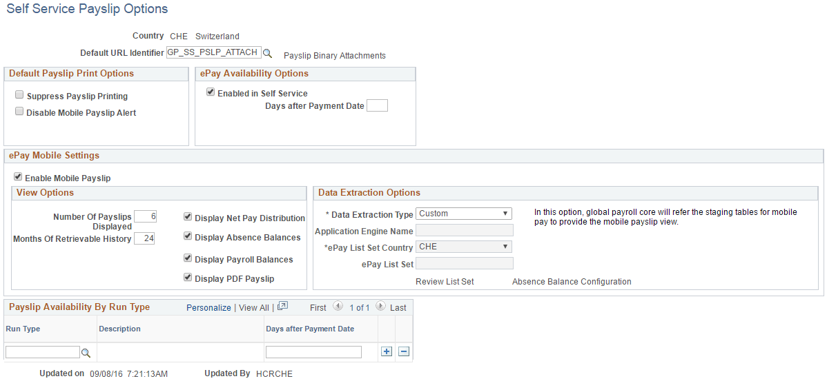 Example of the Self Service Payslip Options page for Global Payroll for Switzerland