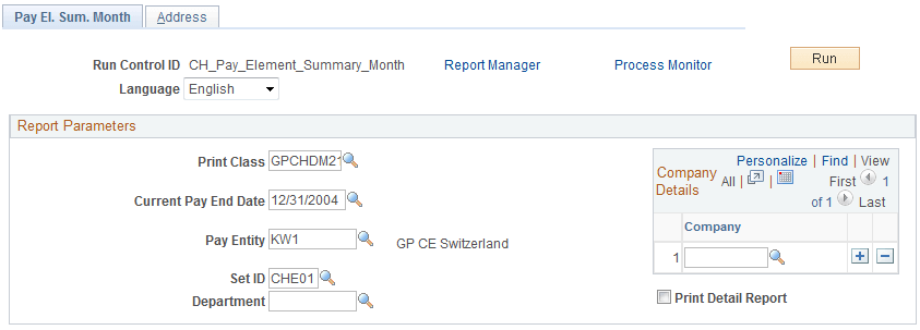 Pay El. Sum. Month (pay element summary month) page