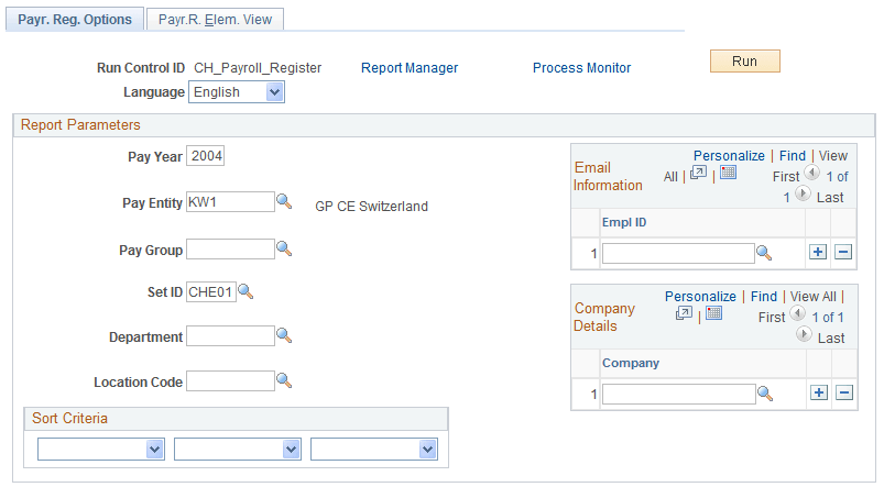 Payr. Reg. Options (payroll registration options) page