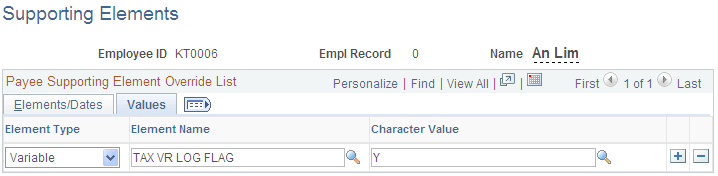 Supporting Elements page; Values tab