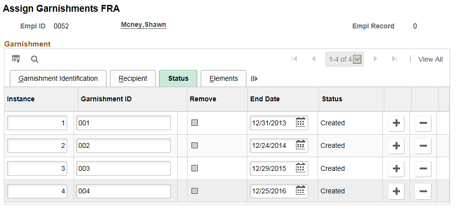 Assign Garnishments FRA page Status Tab