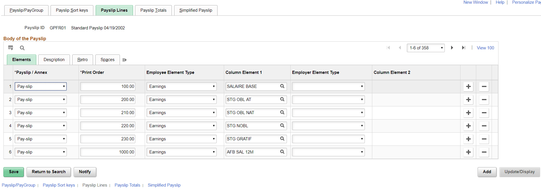 Payslip Lines Page - Element tab