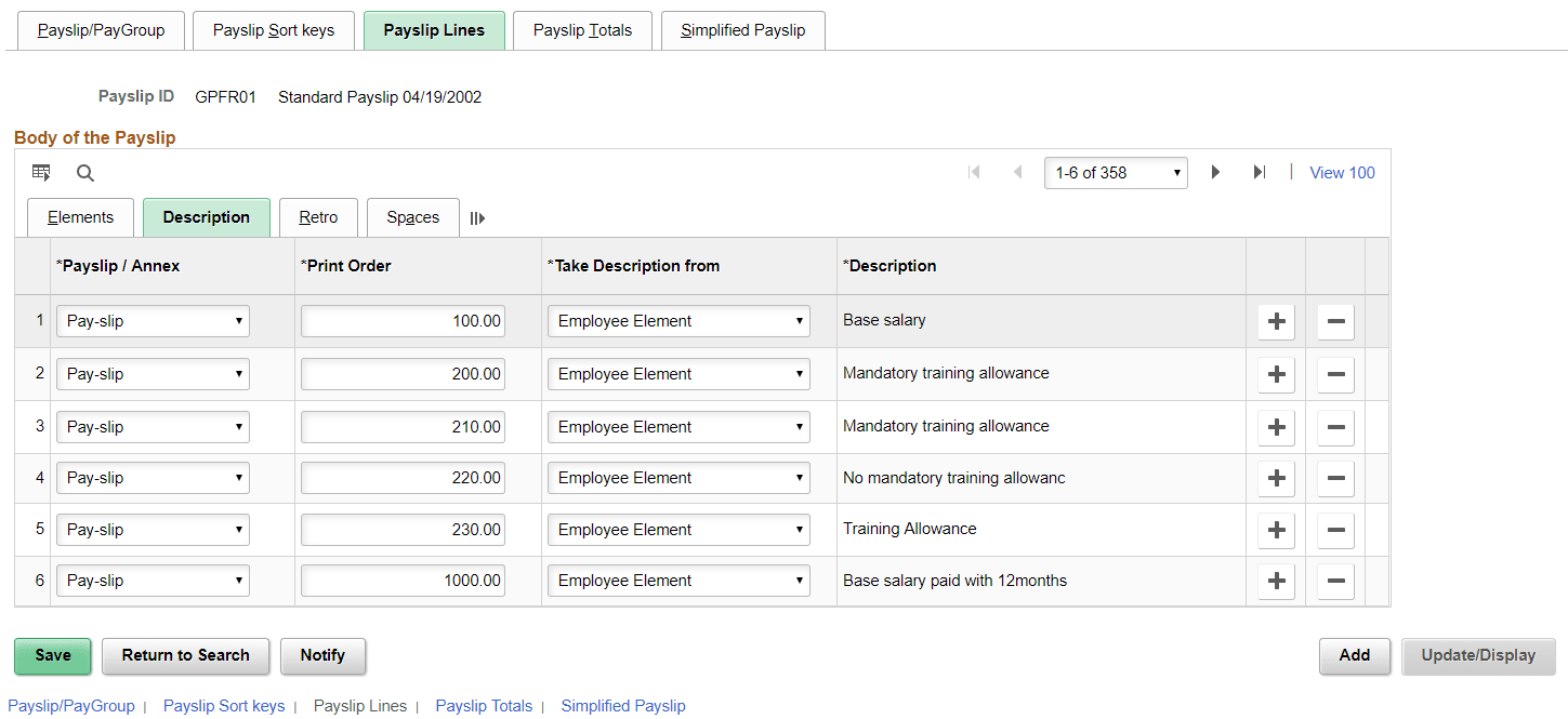 Payslip Lines Page Description tab