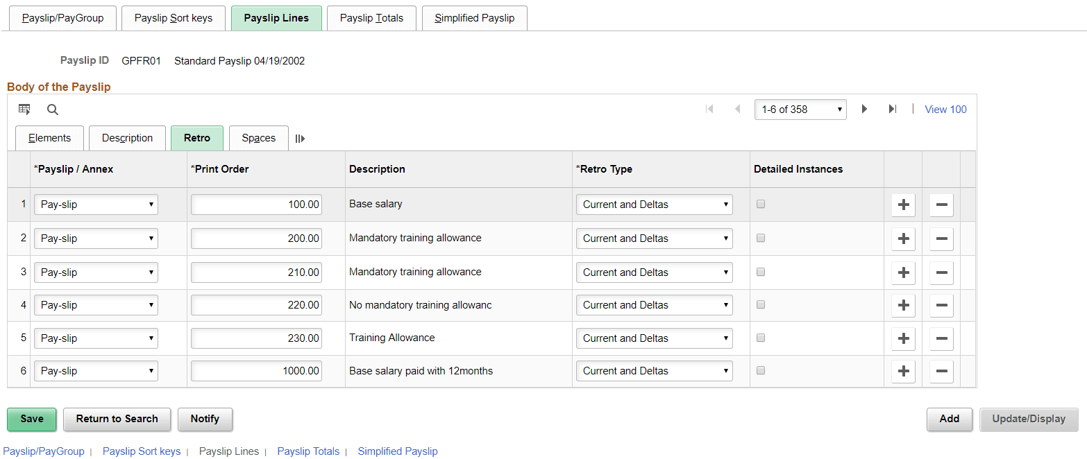 Payslip Lines Page Retro tab