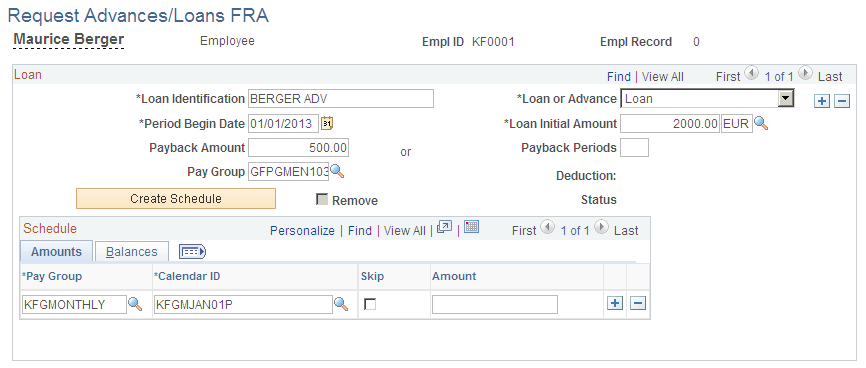 Request Advances/Loans FRA page