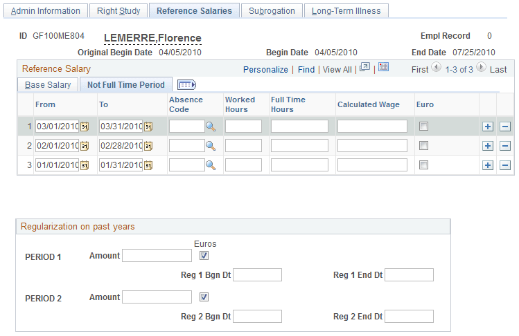 Maternity Certificates FRA - Reference Salaries page: Not Full Time Period tab
