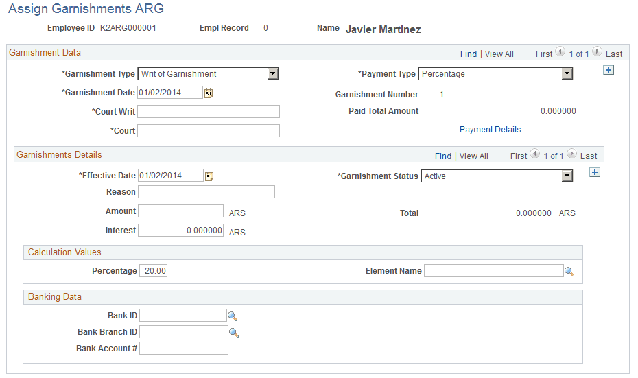 Assign Garnishments ARG page