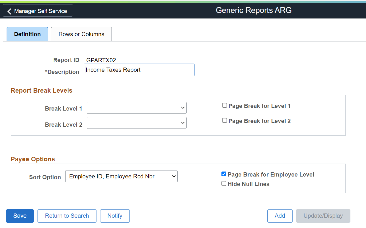 Generic Reports ARG_Definition tab
