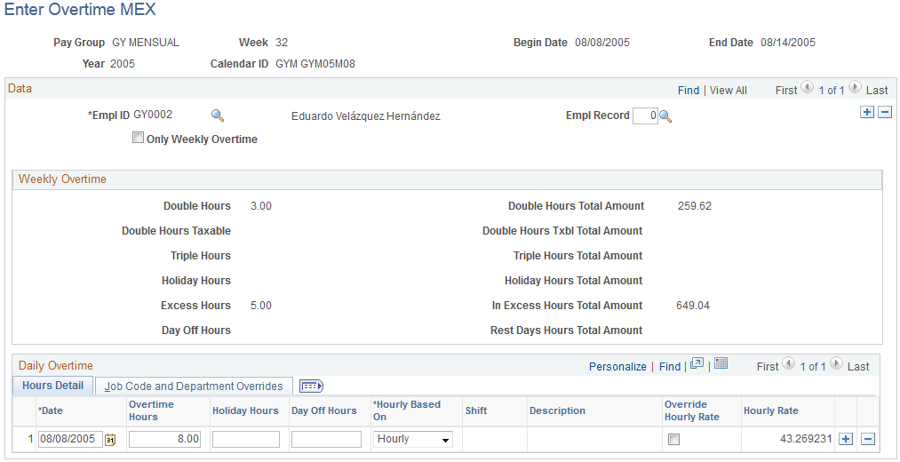 Enter Overtime MEX page: Hours Detail tab (daily overtime)