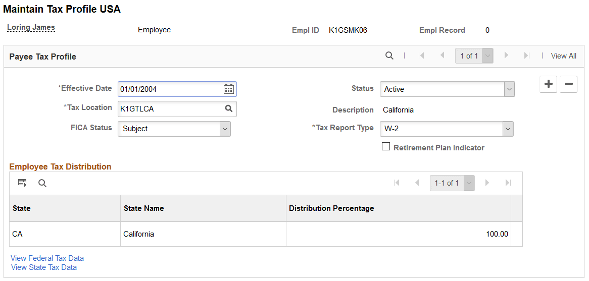 Maintain Tax Profile USA page