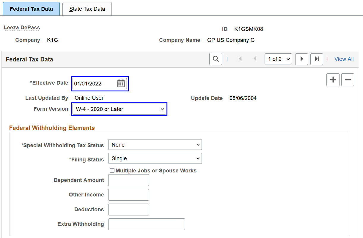 Updating federal and state tax data on or after January 1, 2020 (January 1, 2022 in this example) for a payee