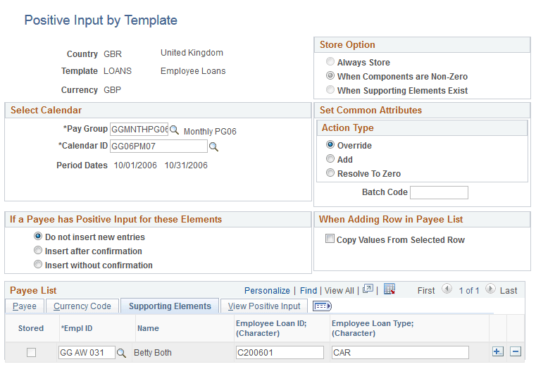 Positive Input by Template page: Supporting Elements tab