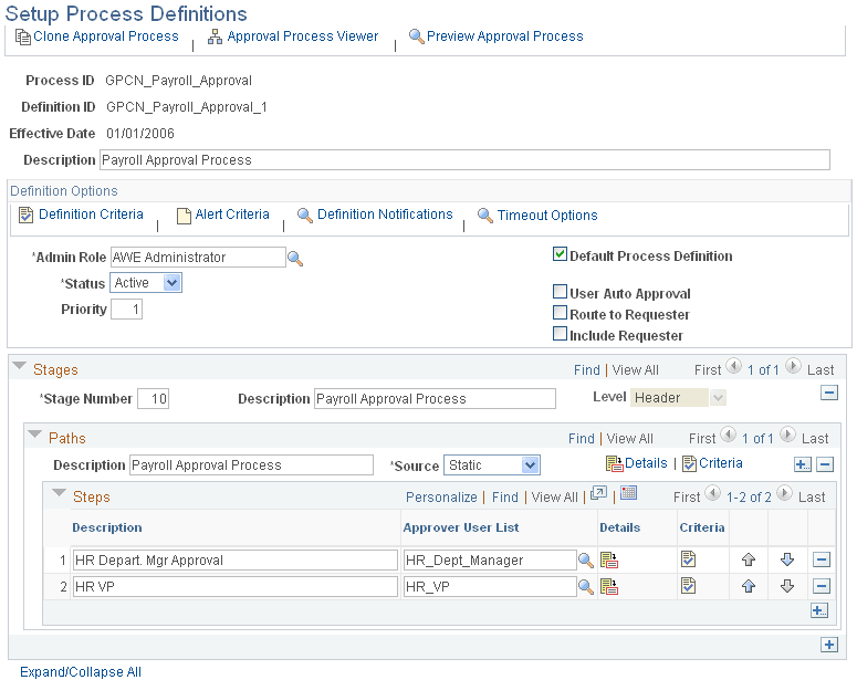 Setup Process Definitions page