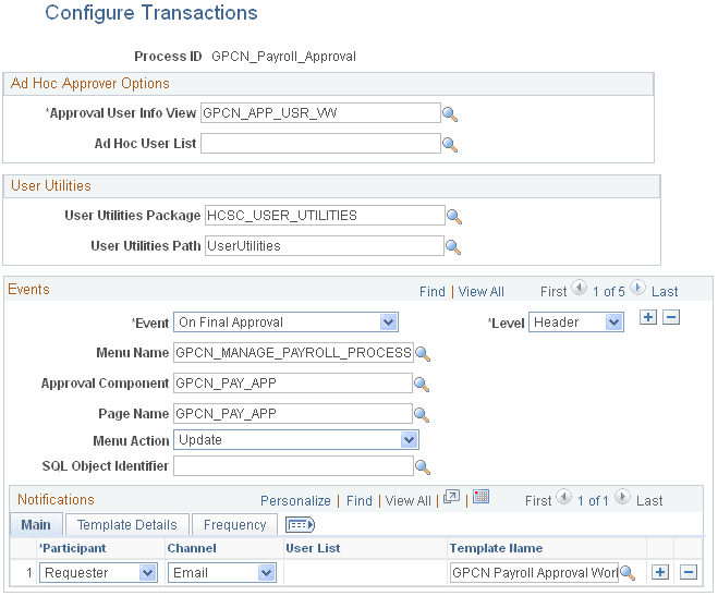Configure Transactions page