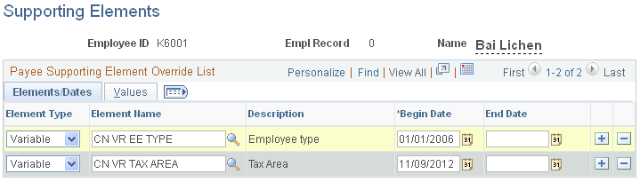 Supporting Elements page, Elements/Dates tab