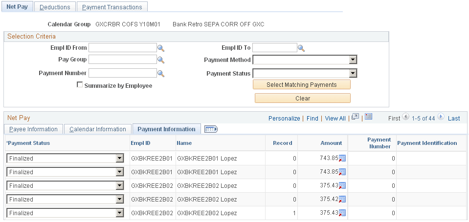 Net Pay page: Payment Information tab