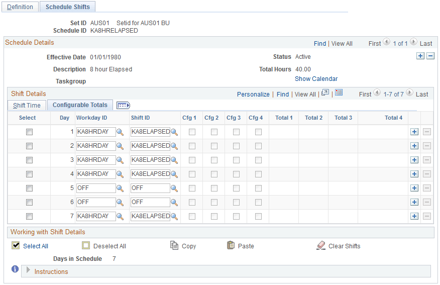 Definitions - Schedule Shifts page: Configurable Totals tab