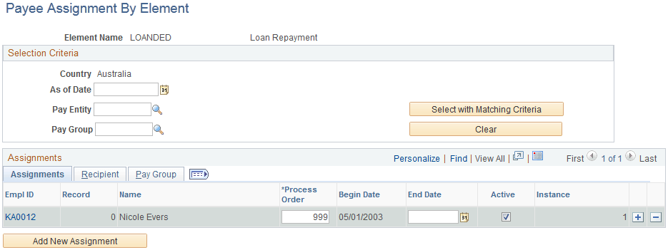Payee Assignment By Element page