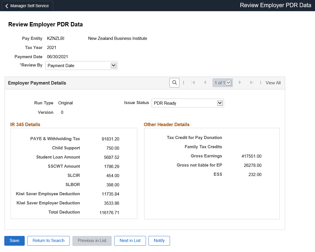 Review Employer PDR Data page