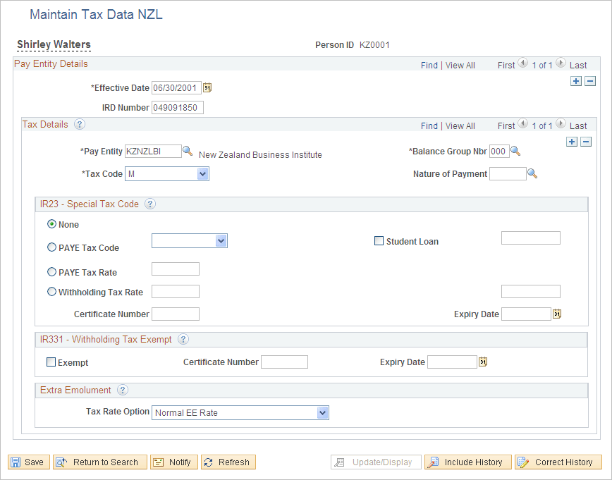 Maintain Tax Data NZL page