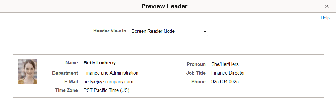 Preview Header page when the Display Field Labels in Screen Reader or Standard Mode is selected