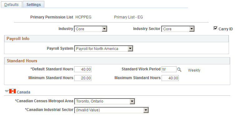 Org Defaults by Permission Lst - Settings page