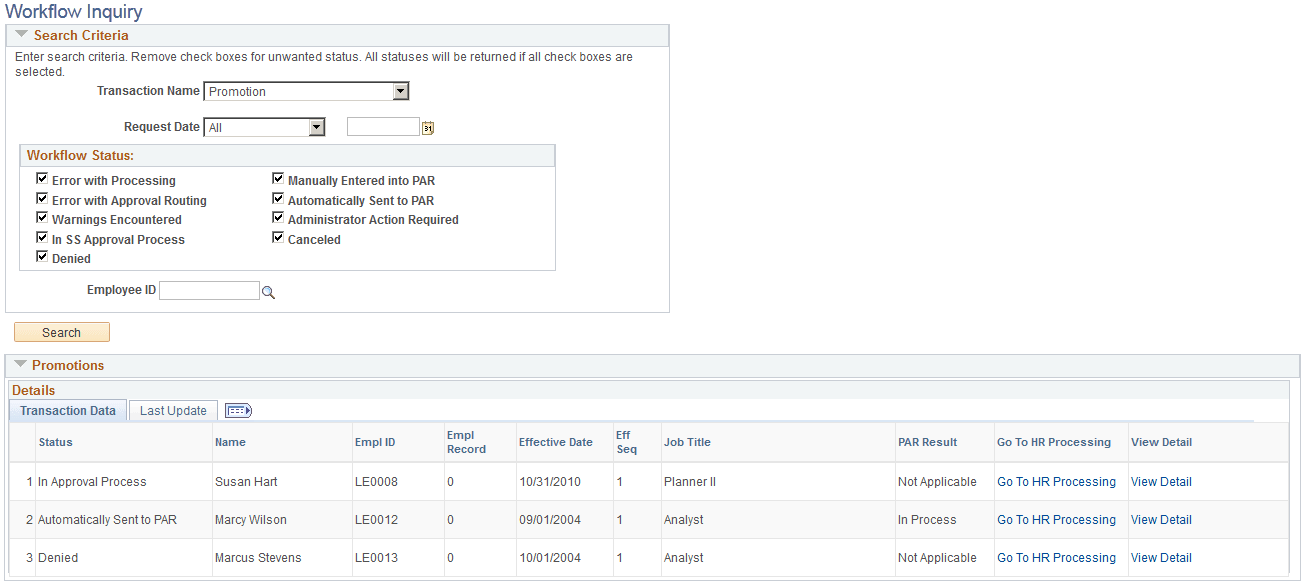 Workflow Inquiry (USF) page