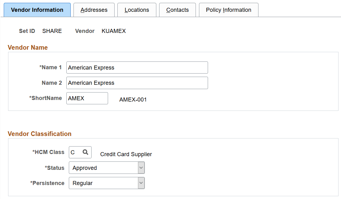 Vendor Information page