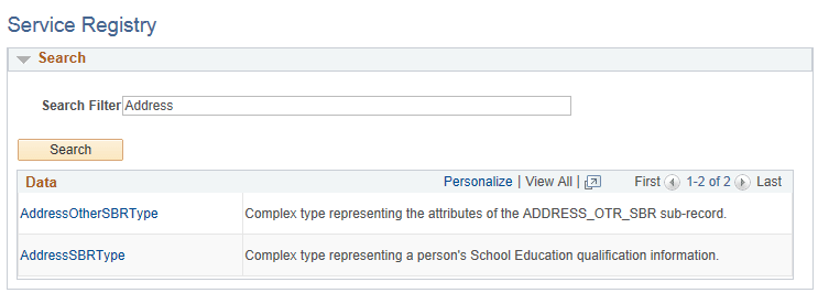 Service Registry page (1 of 2)