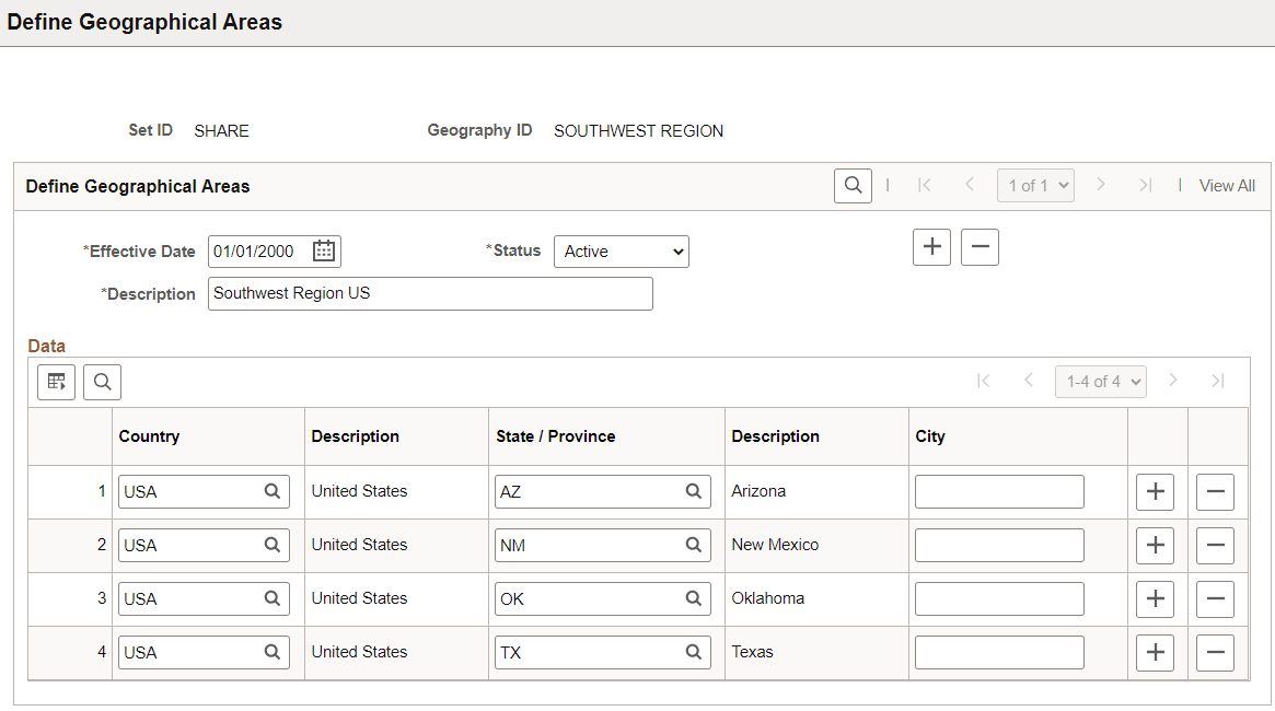Define Geographical Areas page