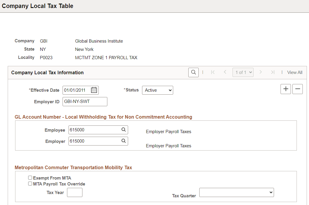 Company Local Tax Table page