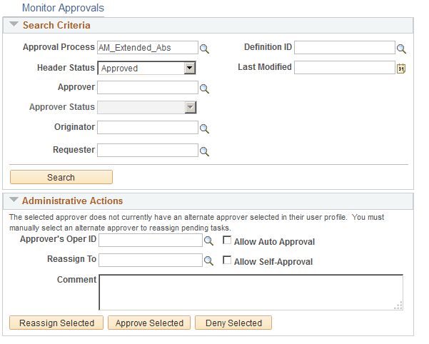 Monitor Approvals page (1 of 2)