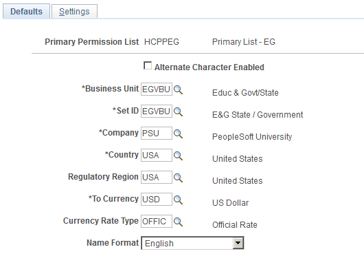 Org Defaults by Permission Lst - Defaults page