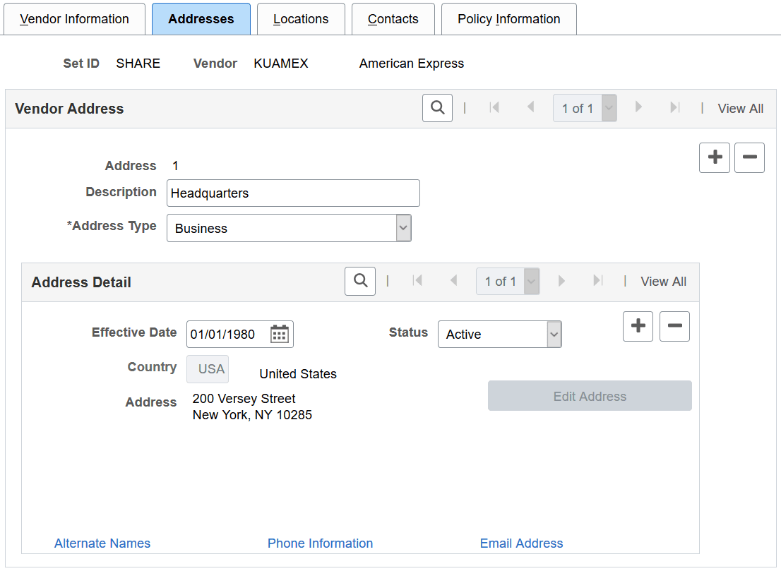 Vendor Information - Addresses page